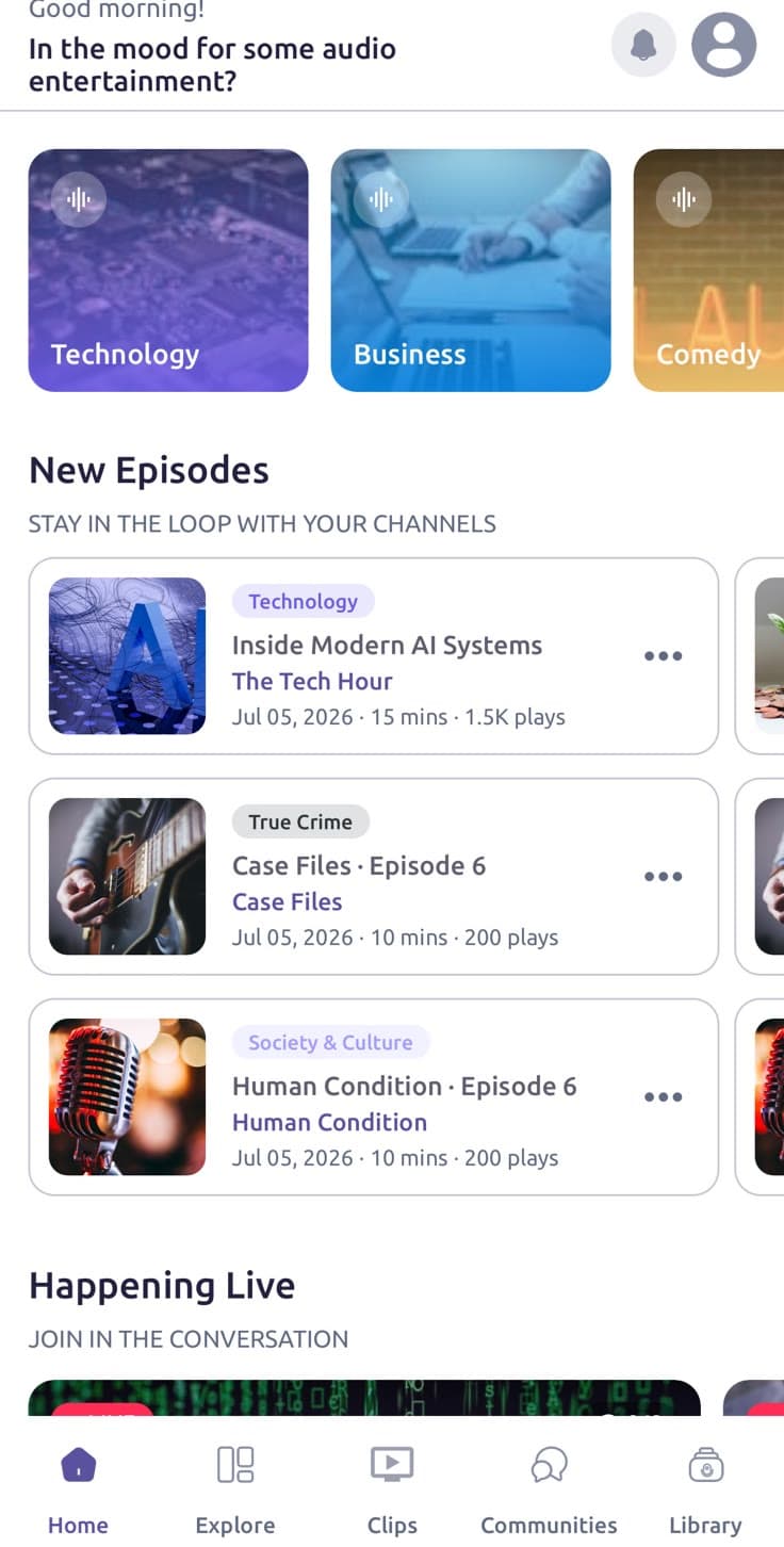 Podzyme app home — categories, new episodes and live rooms