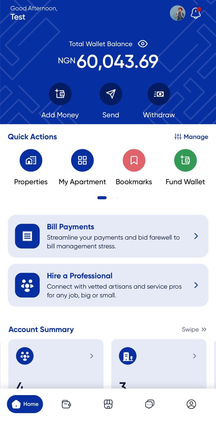 Rentwize app home — wallet balance, quick actions and bill payments